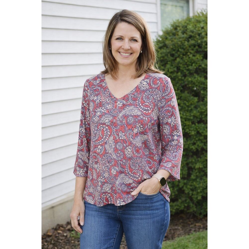 JJill PureJill Blouse Medium Petite Paisley VNeck Boho Cottage Casual 3/4 Sleeve